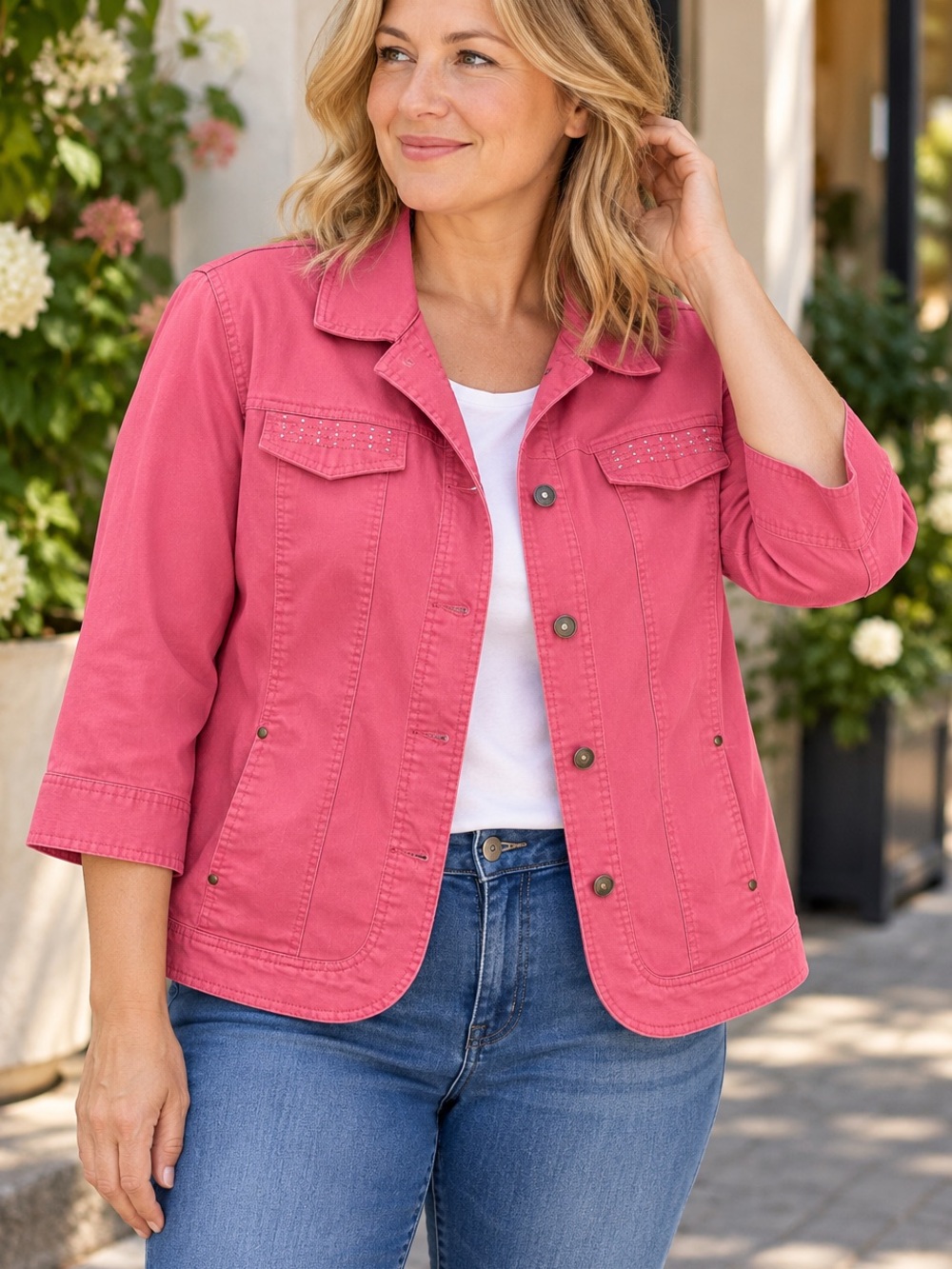 Allison Daley Pink Rhinestone Utility Jean Jacket Cotton 3/4 Sleeves Size 16